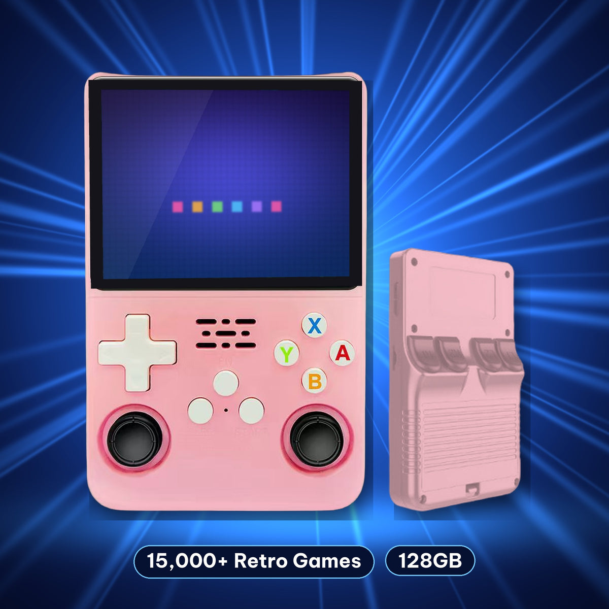 Retro handheld console in Classic Pink, front and back view