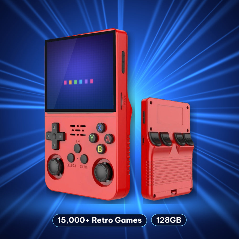 Retro handheld console in Classic Red, front and back view