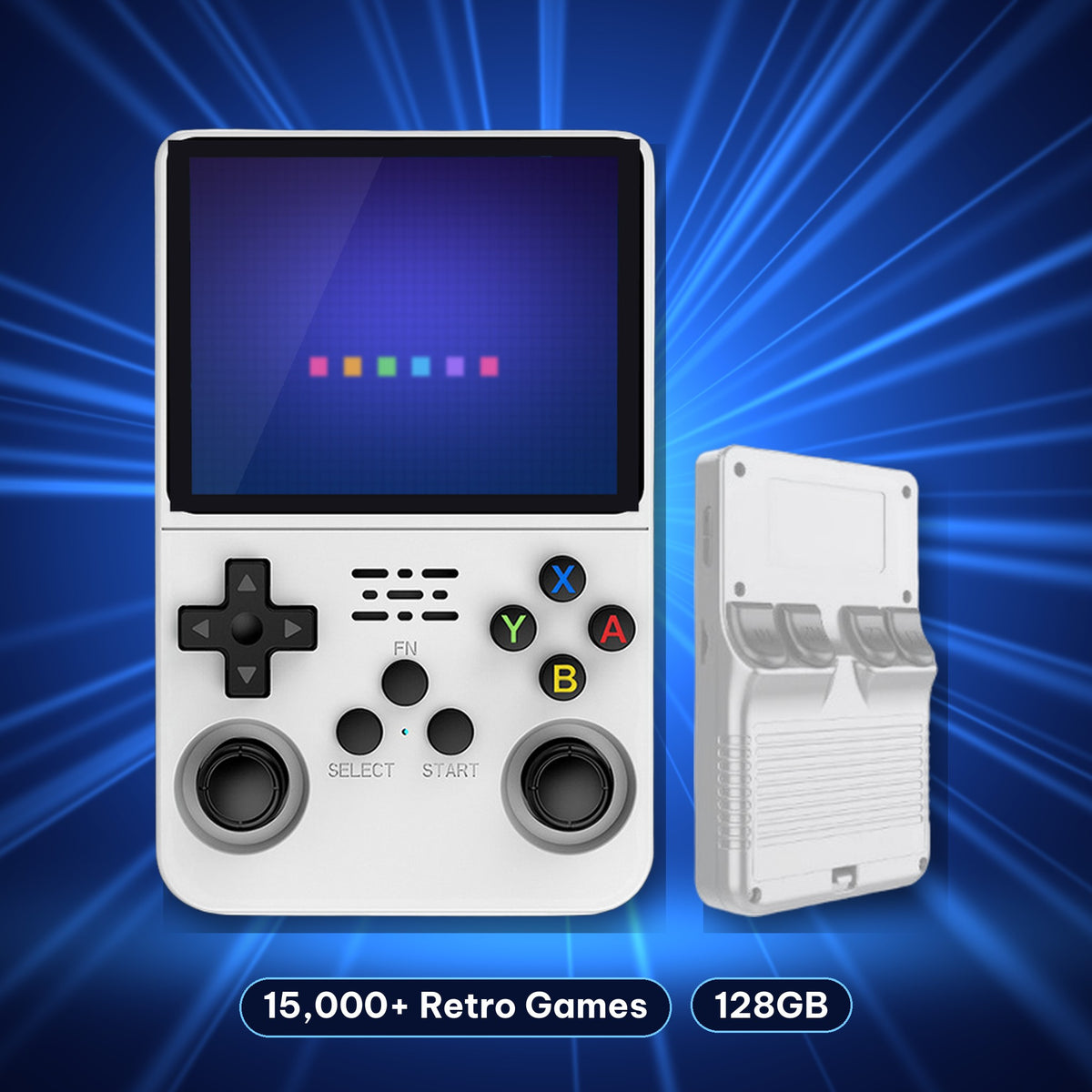 Retro handheld console in Classic White, front and back view