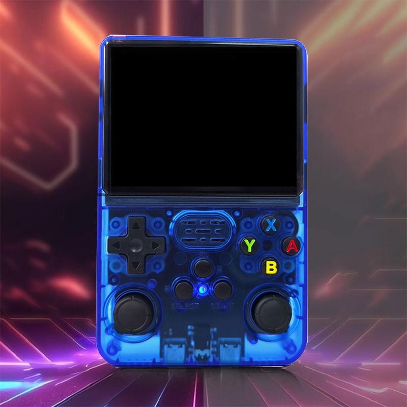 Retro handheld console glowing on a neon arcade background