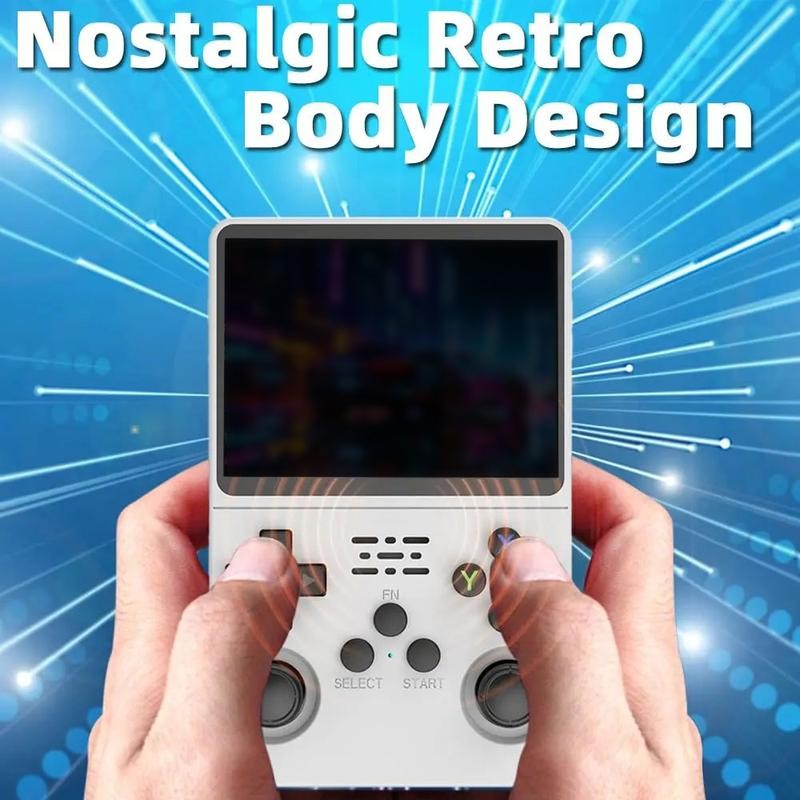 Hands holding the retro handheld console, nostalgic retro body design