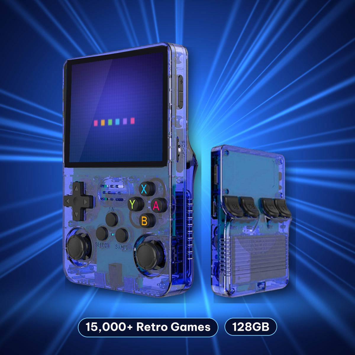 Retro handheld console in Translucent Blue, front and back view