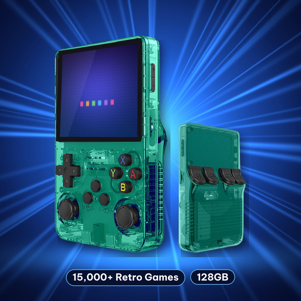 Retro handheld console in Translucent Green, front and back view