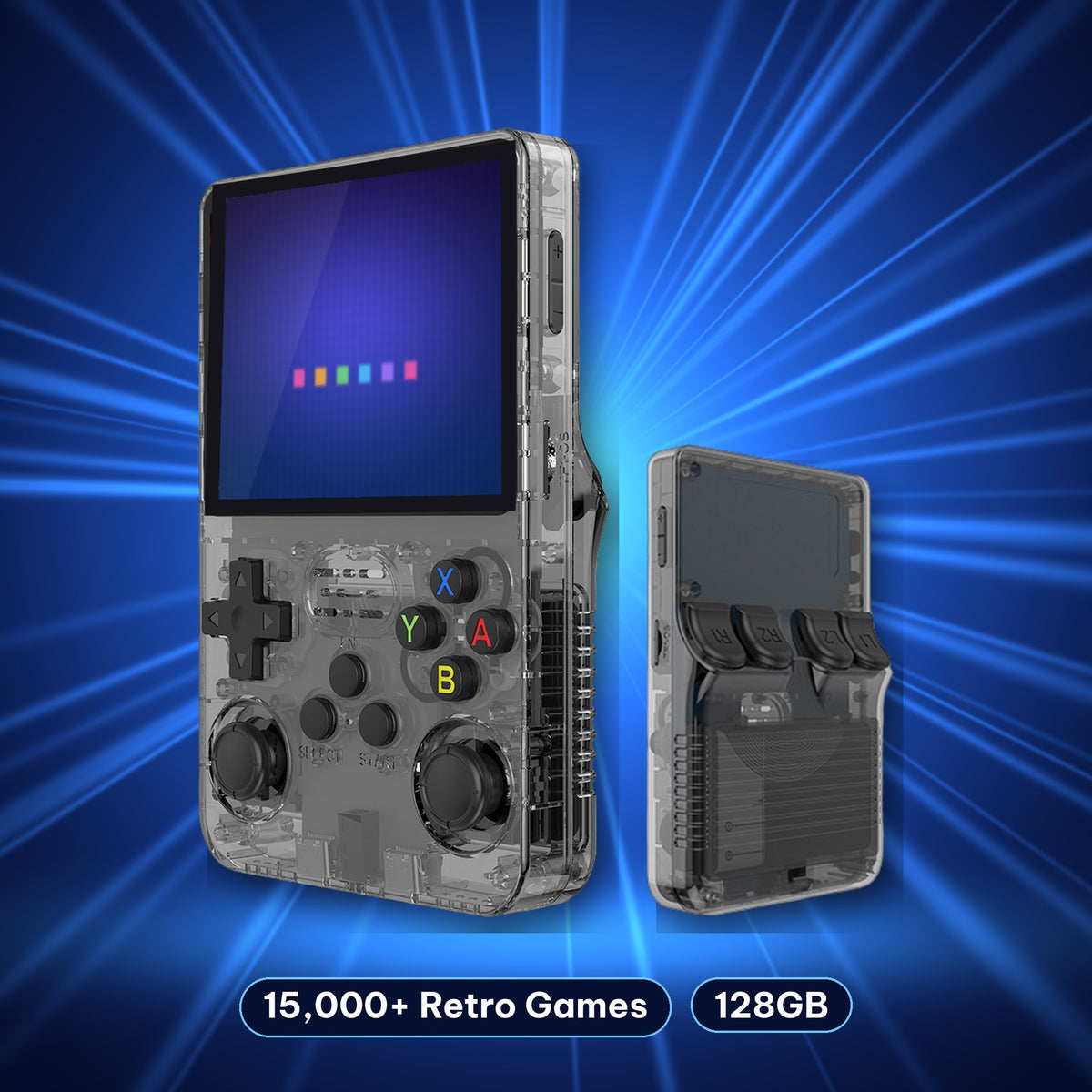 Retro handheld console in Translucent Grey, front and back view
