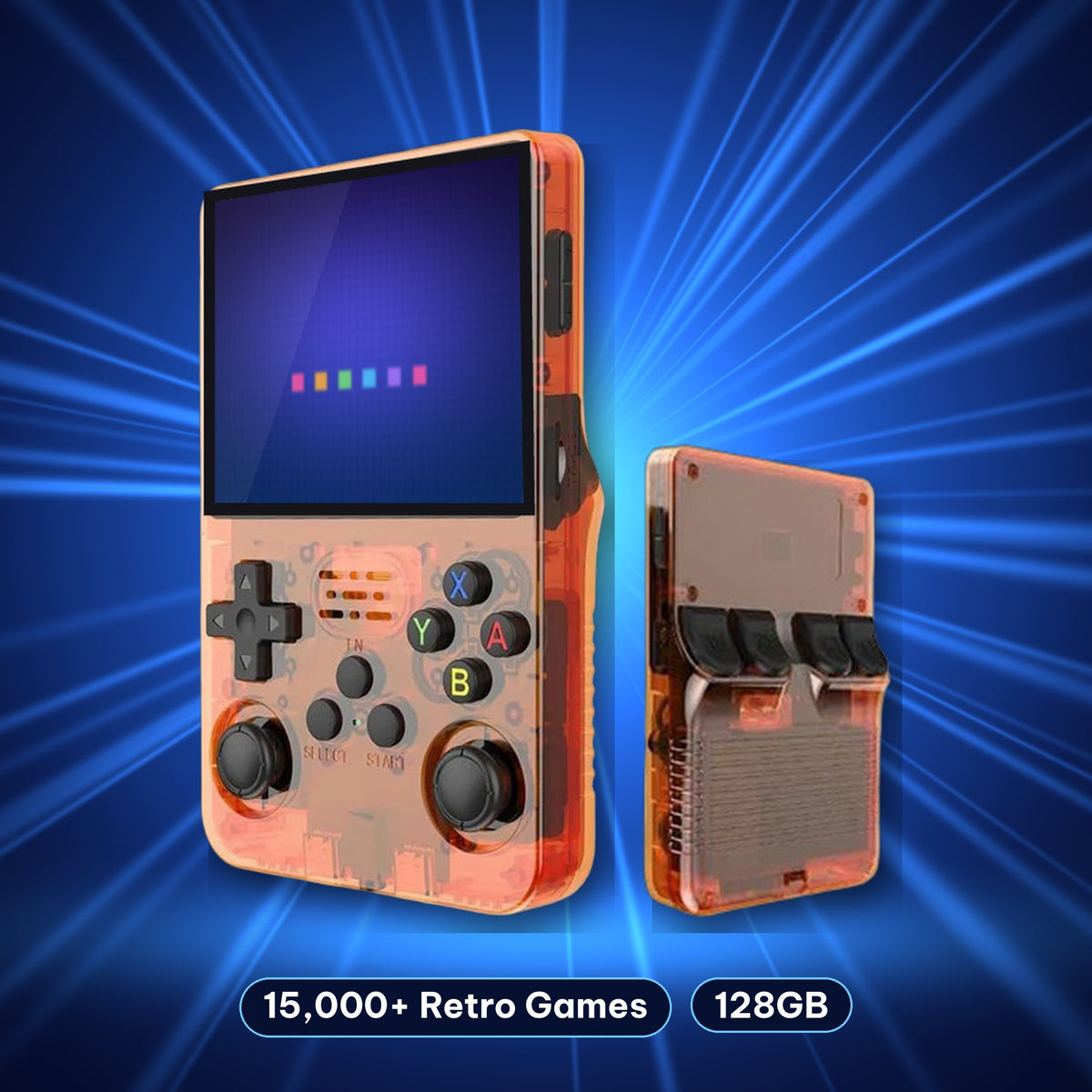Retro handheld console in Translucent Orange-Red, front and back view