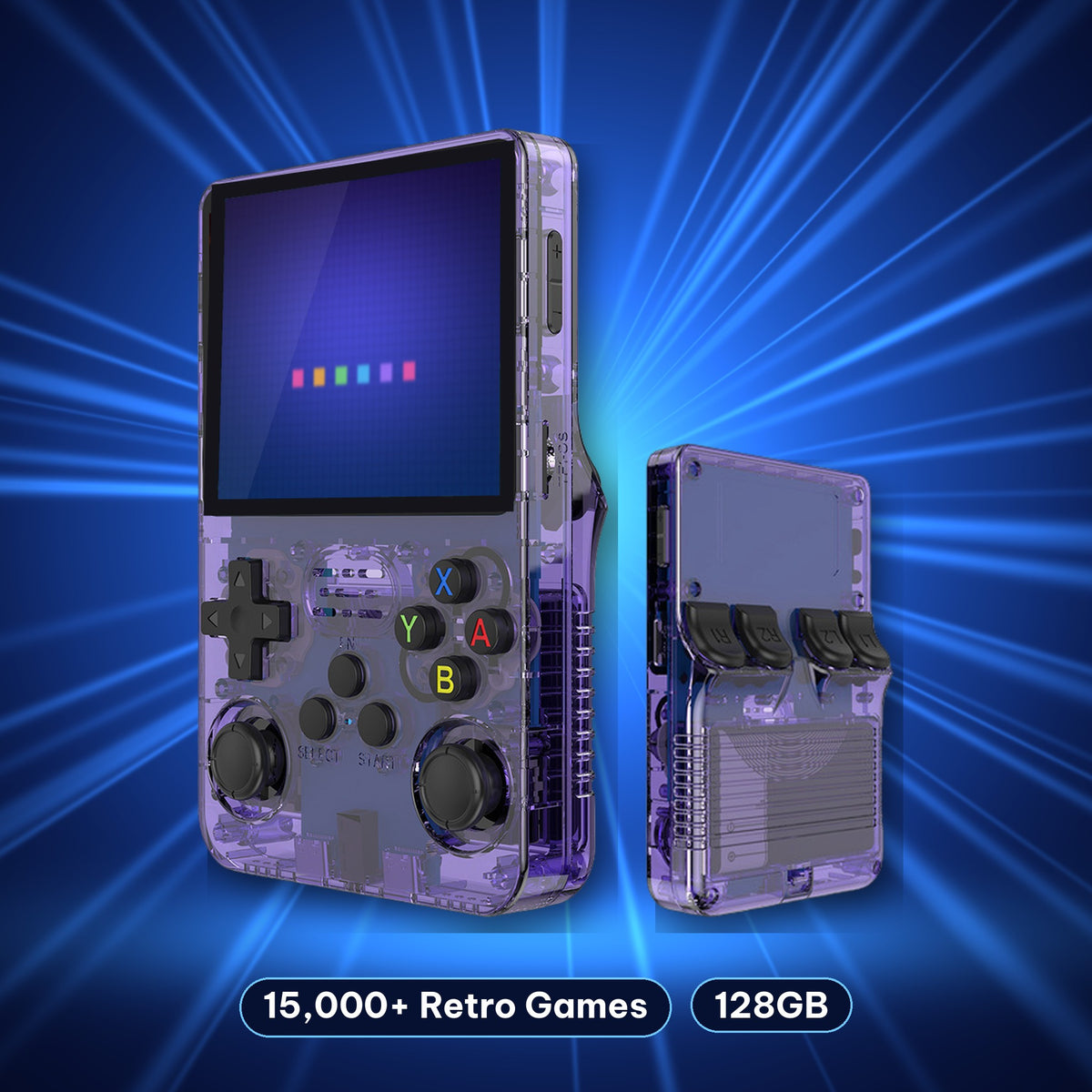 Retro handheld console in Translucent Purple, front and back view