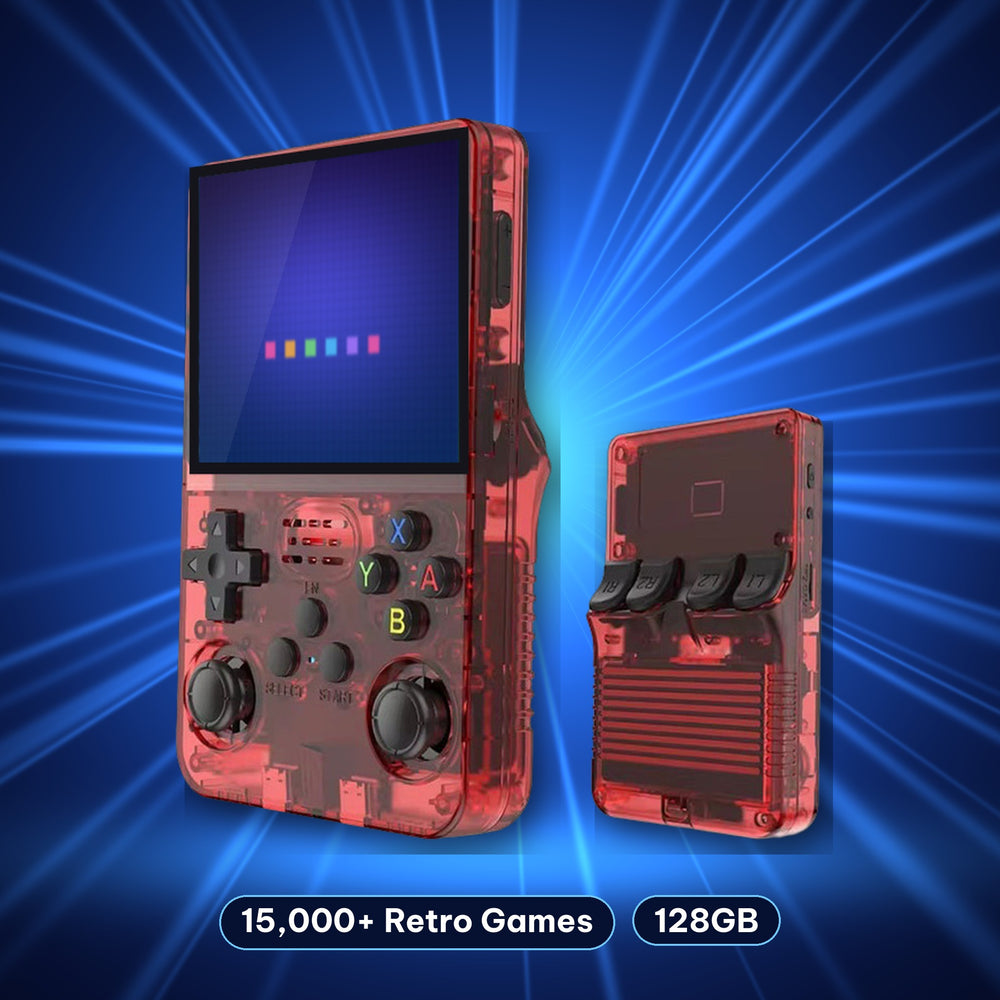 Retro handheld console in Translucent Red, front and back view